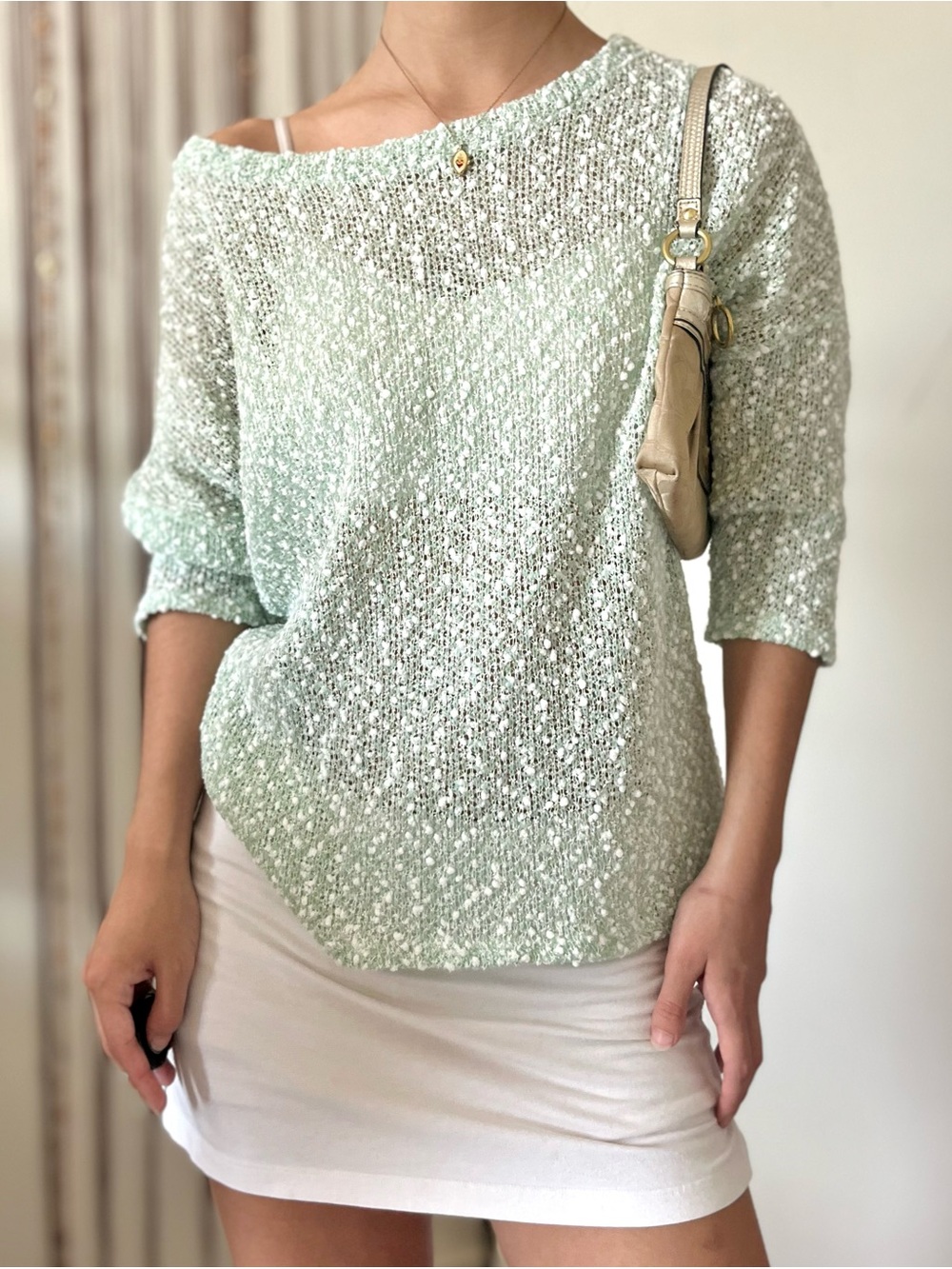 green sheer 3/4th sleeve open knit sweater